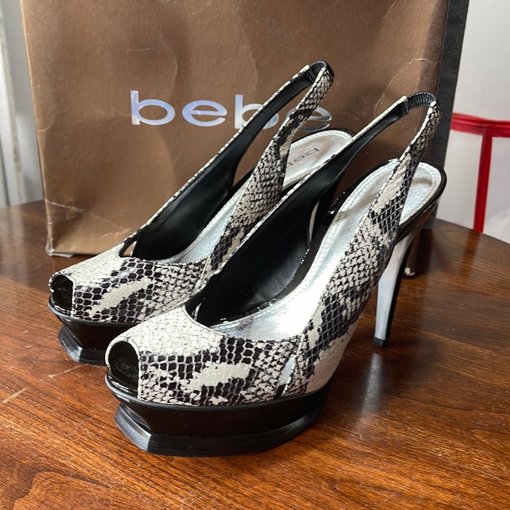 Bebe Zahara, black & white snake, open toe sling back platform stilettos, size 8